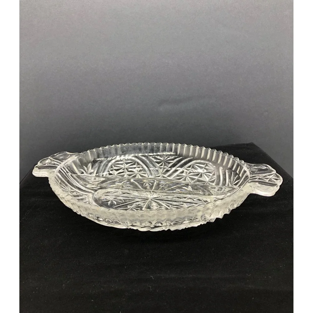 Vintage Clear Pressed Glass Divided Relish Dish Starburst Oval Serving Tray 10